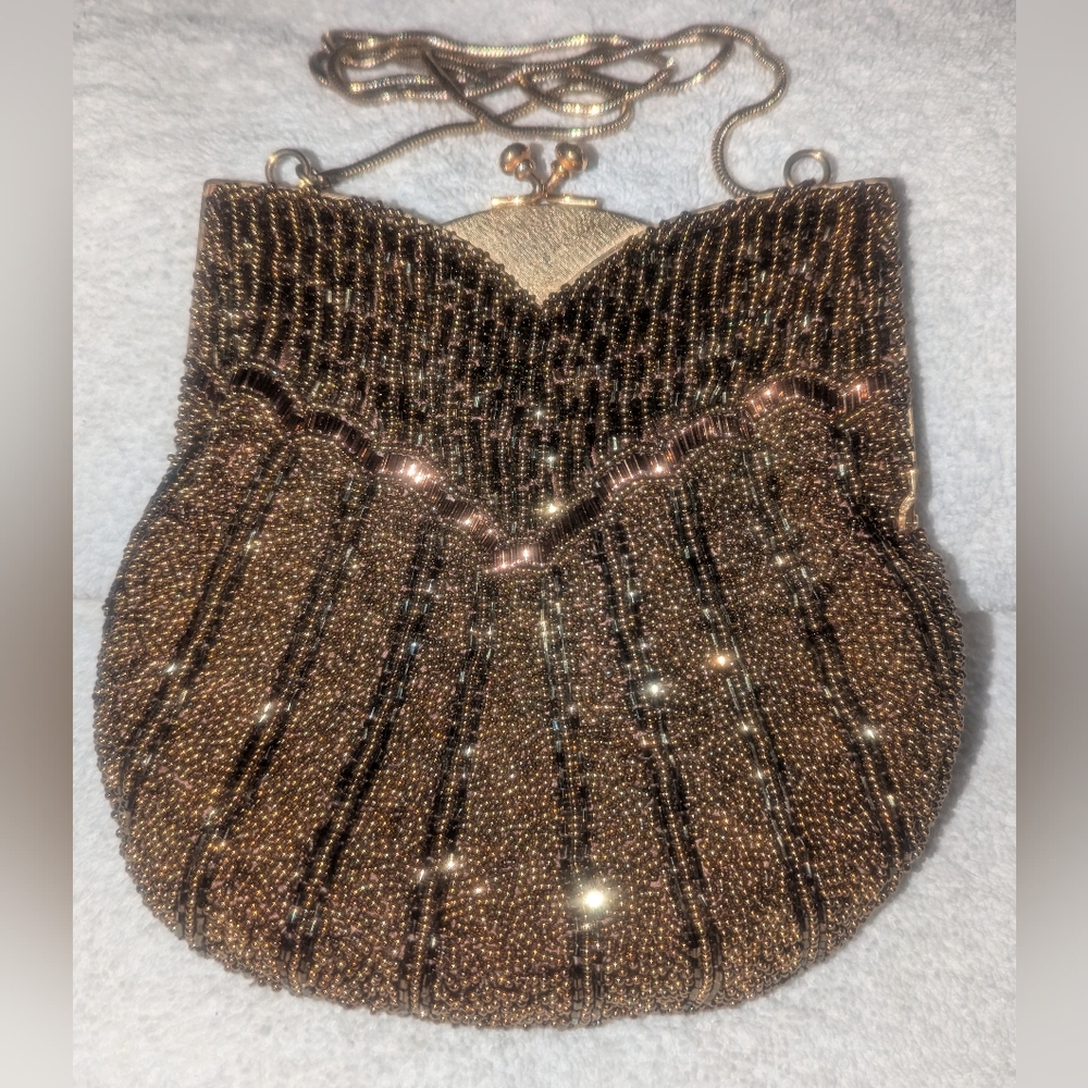 Brown Beaded Special Occasion Bag with Ornate Design and Metal Frame